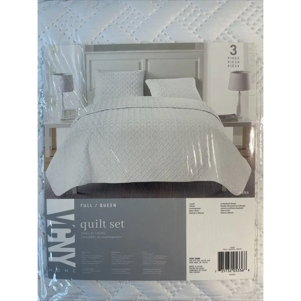 VCNY Home Nina 3-Piece Embossed Quilt Set White Full Queen New NIP